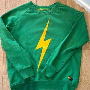 Aviator Nation Green Sweater with Yellow Lightning Bolt